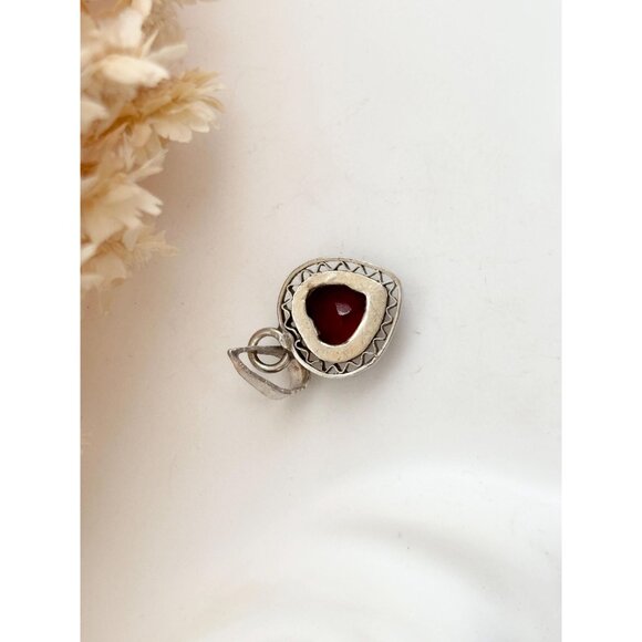 Garnet Accented Heart Shaped Wavy 925 Sterling Silver Vintage Pendant | Charm - Picture 2 of 12